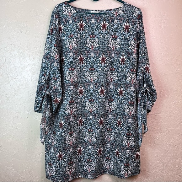 MORRIS & Co X H&M PATTERNED SHIFT DRESS TEAL GREEN BLUE 3/4 SLEEVES SIZE 14 - Picture 5 of 9